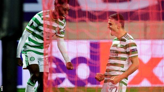 Two goals from Mohamed Elyounoussi (right) had Celtic in command at the break