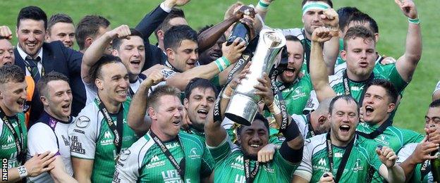 Connacht's squad celebrate after their Pro12 final triumph last May