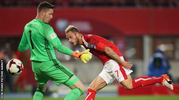 Wales keeper Wayne Hennessey beaten by Austria's Marko Arnautovic