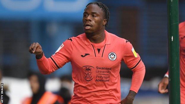 Michael Obafemi celebrates a first Swansea goal in his fourth appearance for the club