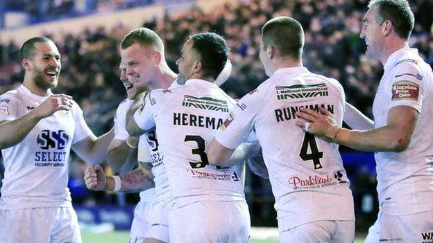 Widnes celebrate Kevin Brown's try