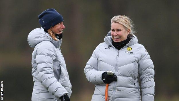 Denise Reddy laughing with Emma Hayes