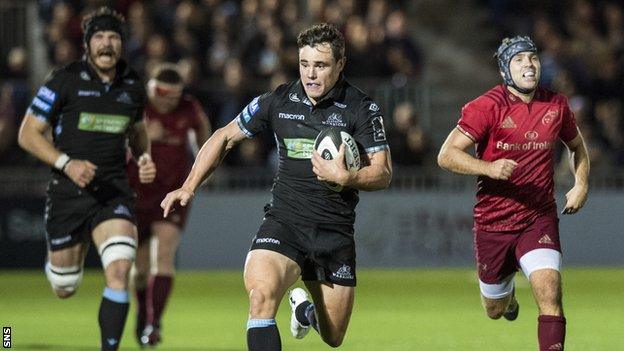 Lee Jones races clear to score a second try for Glasgow in the first half