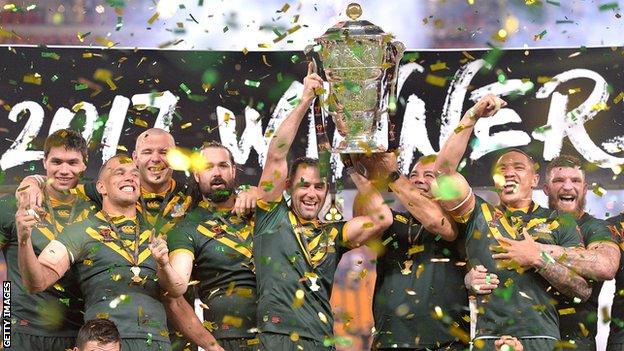 Australia lifting the Rugby League World Cup trophy