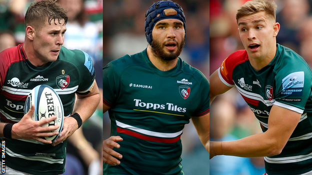 Split image of Leicester Tigers' Freddie Steward, George Martin and Jack van Poortvliet