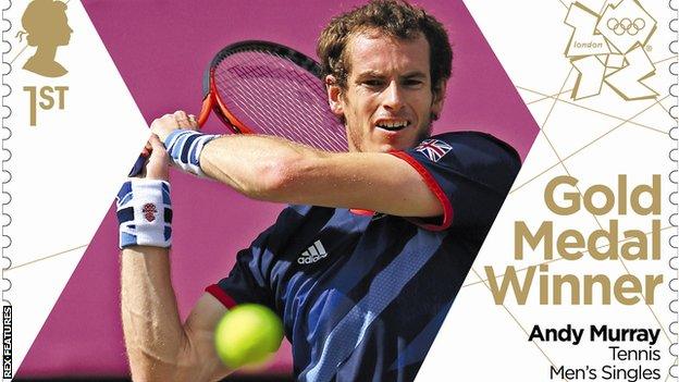 Andy Murray on a stamp after his gold medal victory at the 2012 Olympic Games