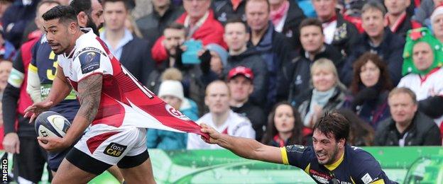 Clermont's Remi Lamerat attempts to halt Ulster's Charles Piutau