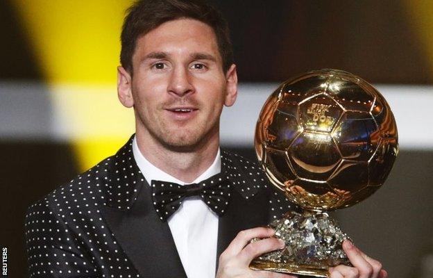 Lionel Messi holds the 2012 Ballon d'Or