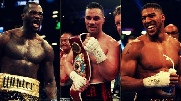 Deontay Wilder (left) is WBC champion, Parker (centre) holds the WBO belts and Joshua has the WBA and IBF titles