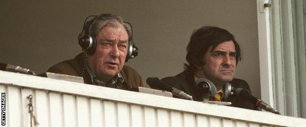 BBC Test Match special commentator John Arlott with summariser Fred Trueman look on from the commentary box during a 1979 Cricket World Cup match at Trent Bridge, Nottingham