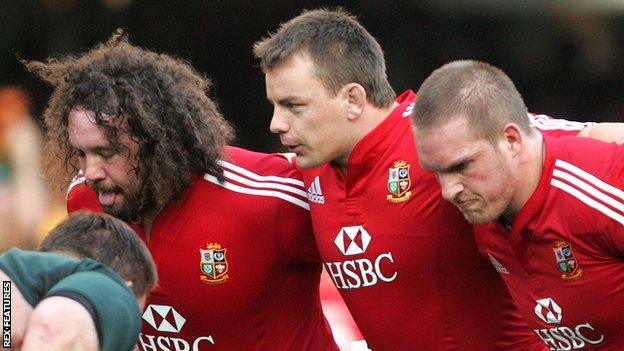 (L-R) Adam Jones, Matthew Rees and Gethin Jenkins pack down for the 2009 Lions in South Africa, the first all-Wales front row in a Lions Test since 1955