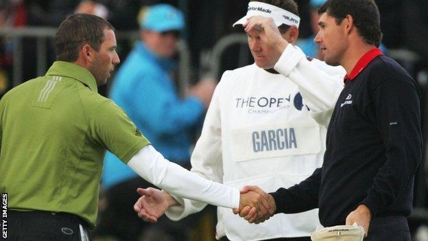 Sergio Garcia shakes hands with Padraig Harrington after the latter wins the Open in a play-off at Carnoustie in 2007