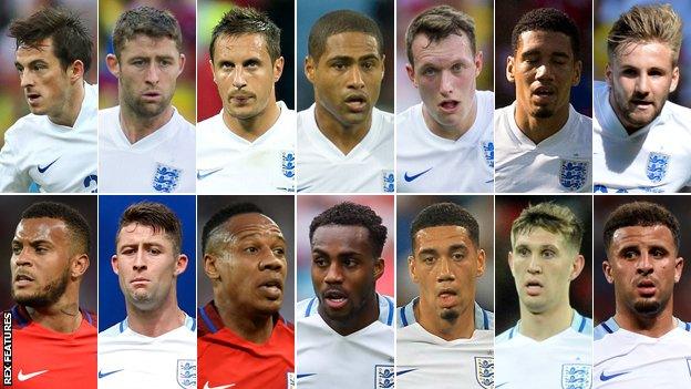 Top row (left to right): Leighton Baines, Gary Cahill, Phil Jagielka, Glen Johnson, Phil Jones, Chris Smalling, Luke Shaw. Bottom row (left to right): Ryan Bertrand, Cahill, Nathaniel Clyne, Danny Rose, Smalling, John Stones, Kyle Walker