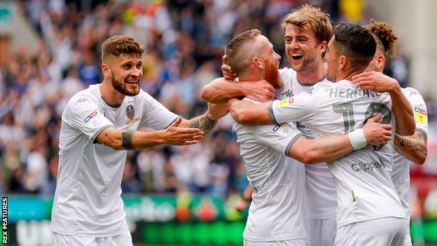 Leeds celebrate Patrick Bamford's opening goal in the win at Wigan