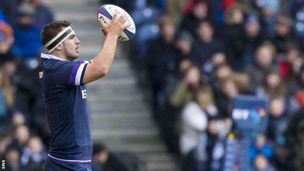 Stuart McInally prepares to throw in at a line-out for Scotland against Australia