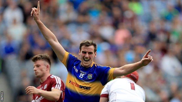 Conor Sweeney celebrates after scoring his second goal in the win over Galway