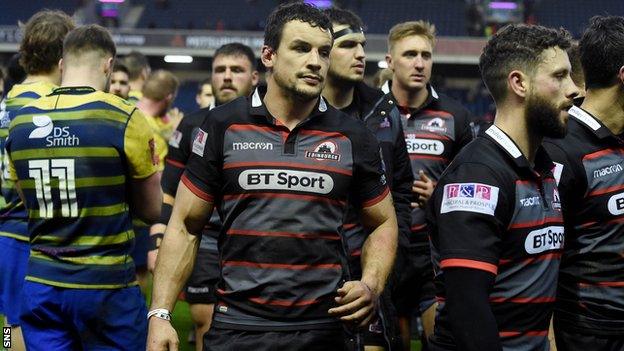 Edinburgh players at full-time after their 20-6 defeat to Cardiff Blues at Murrayfield