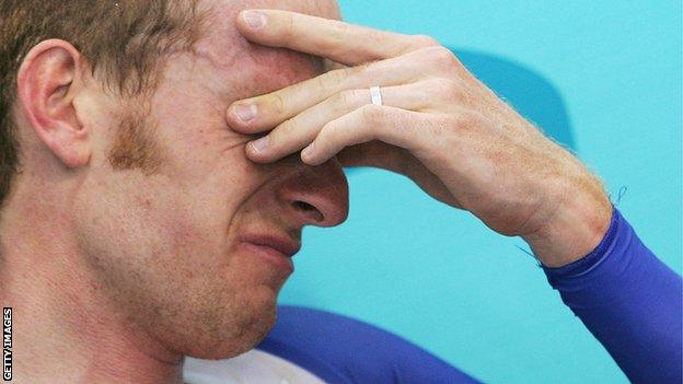 Wiggins of Great Britain reflects on the moment after winning the Men's Individual Pursuit Finals against Brad McGee of Australia on August 21, 2004 during the Athens