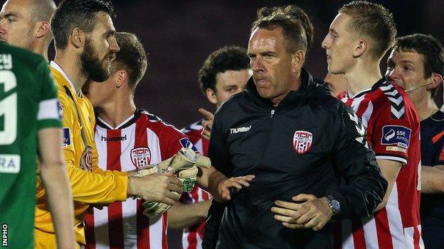 Derry City manager Kenny Shiels alleges he was called a sectarian name after his team's defeat by Cork City on Friday