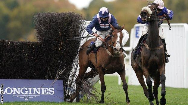 Capeland (left) and Diego Du Charmil at the final fence at Ascot