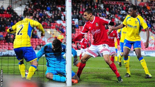 Kayden Jackson scores Wrexham's second against Kidderminster Harriers