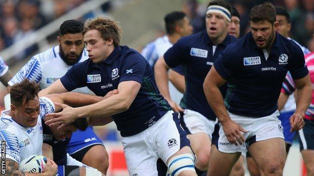 Jonny Gray and Ross Ford in action for Scotland against Samoa