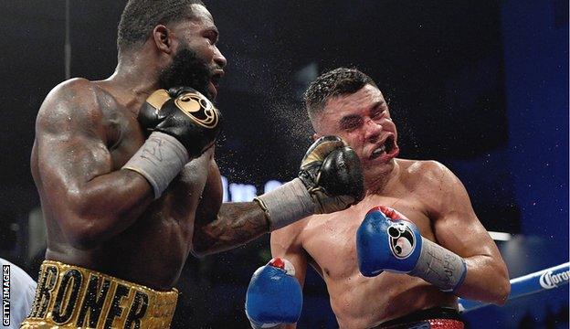 Adrien Broner lands a heavy punch on the jaw of Adrian Granados during their fight in February