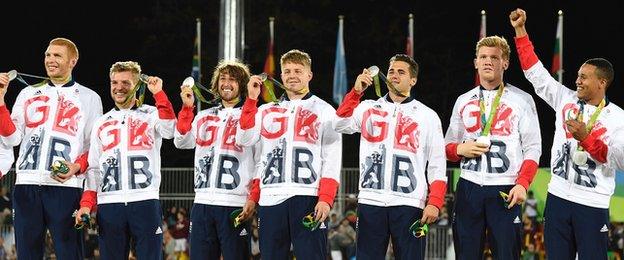 The Team GB sevens team on the podium in Rio after taking the silver medal at the 2016 Olympics