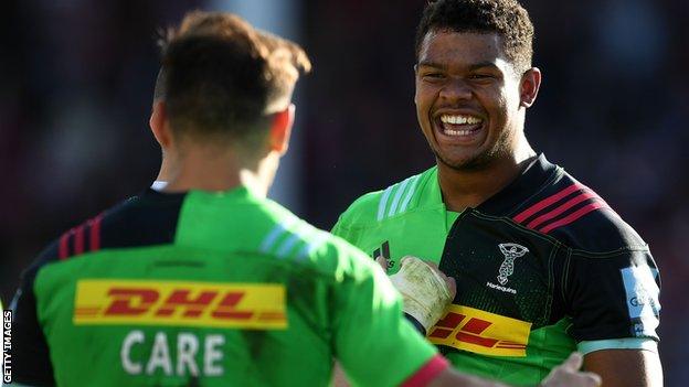 Nathan Earle celebrates a try for Harlequins