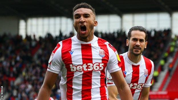 Stoke City forward Jacob Brown celebrates