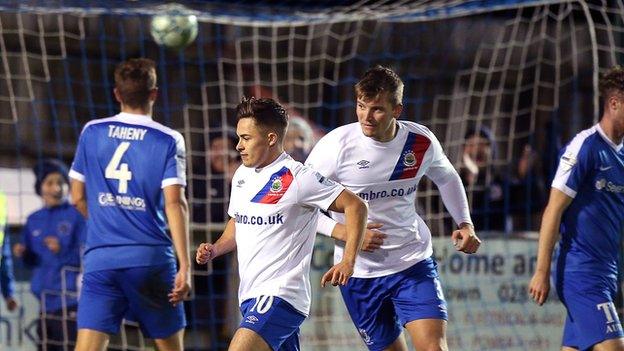 Jordan Stewart runs away in celebration as the ball hits the Mallards net to make it 3-0