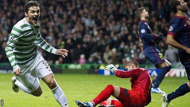 Former Celtic striker Tony Watt celebrates his winner against Barcelona in November 2012