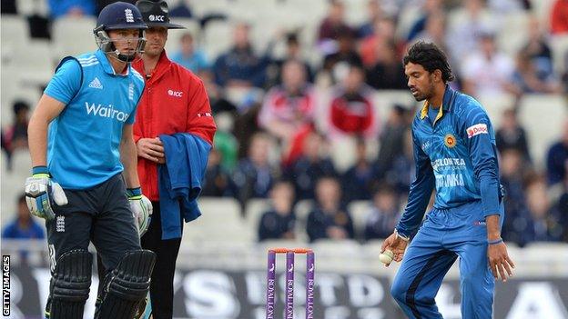 Joss Buttler run out by Sachithra Senanayake in 2014