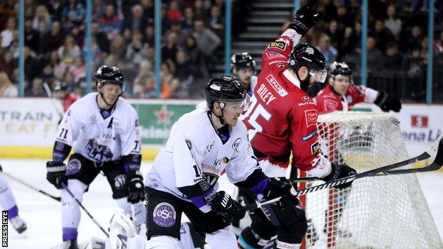 Blair Riley celebrates after scoring for the Belfast Giants in Saturday's game