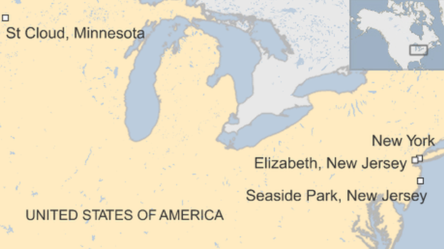 Map of northeastern USA, showing locations of the weekend's attacks