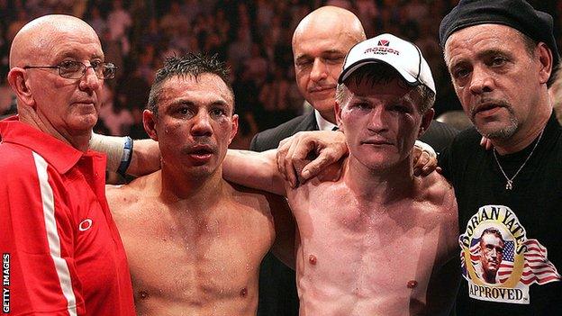 Hatton's trainer Billy Graham (right) and Johnny Lewis (left) in Tszyu's corner were both hugely influential in the bout