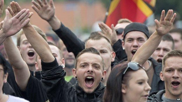 Protestors demonstrate against the accommodation for immigrants in Freital near Dresden