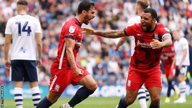 Maxime Colin (left) celebrates with Birmingham City team-mate Troy Deeney