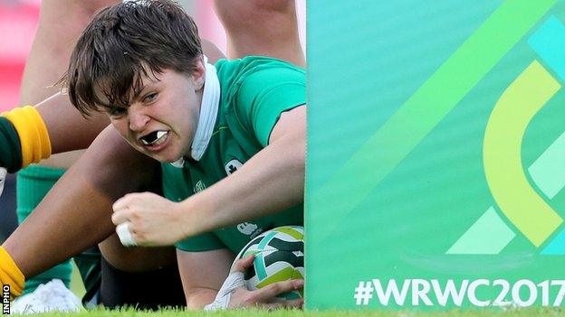 Ciara Griffin scores a try against Australia in a pool match at last year's Women's Rugby World Cup