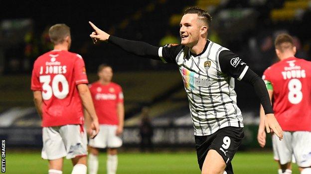 Macaulay Lanstaff celebtates his goal for Notts County against Wrexham