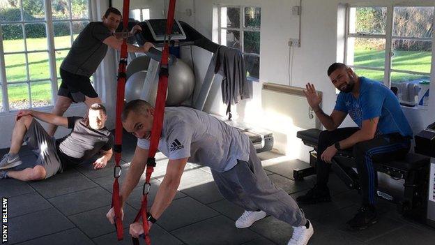 Bellew (right) training with former footballers including Leon Osman and Alan Stubbs