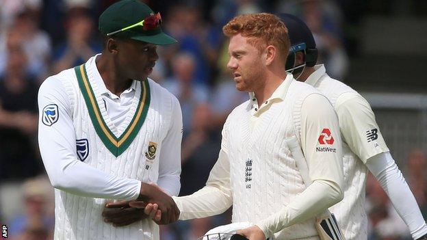 Jonny Bairstow is congratulated on his innings by Kagiso Rabada