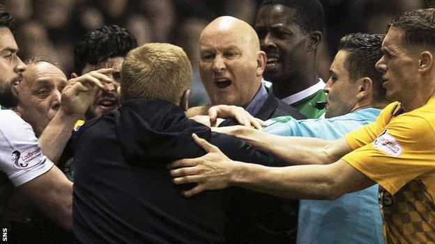 Neil Lennon and Jim Duffy confront each other towards the end of their 0-0 draw