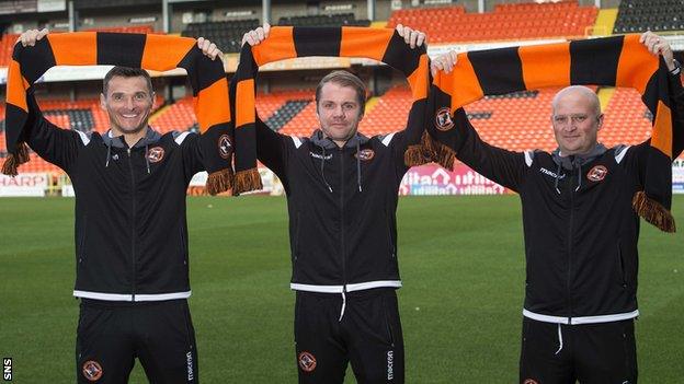 Robbie Neilson, centre, and assistants Lee McCulloch, left, and Gordon Forrest are striving to end Dundee United's four-season stint in the second tier