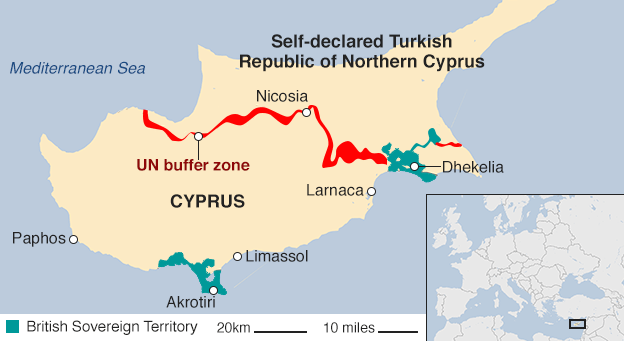 Map of Cyprus showing the Turkish and Cypriot sides