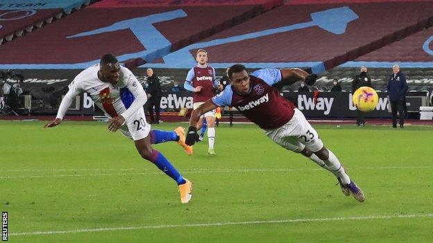 Christian Benteke heads Crystal Palace in front against West Ham at London Stadium