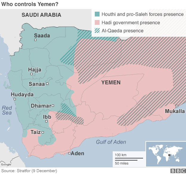 Map of Yemen showing presence of rebel, government and al-Qaeda forces