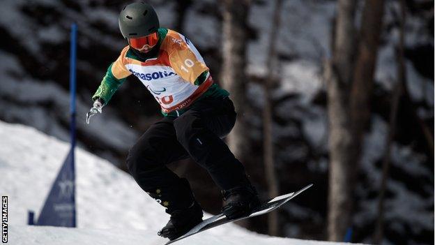 Sean Pollard in action during the men's snowboard cross run at the Pyeongchang Winter Paralympics