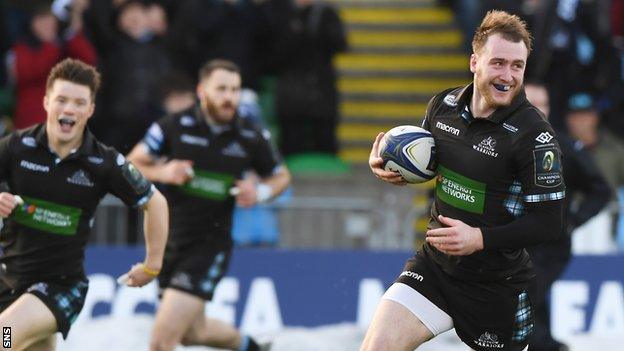 Stuart Hogg races in to score a try for Glasgow