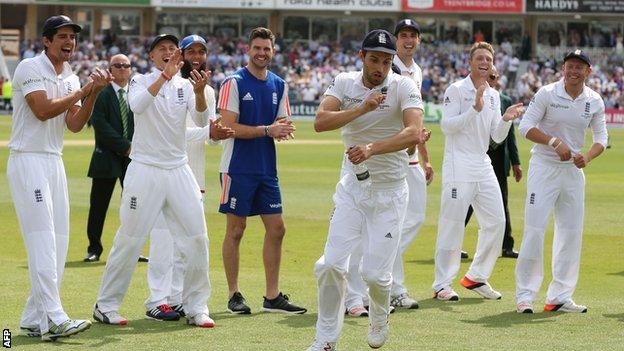 Mark Wood does his horse celebration at Trent Bridge